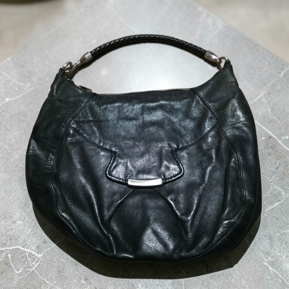 Botkier Black Leather Hobo Shoulder Bag Biker Braided Strap Small Goth Purse